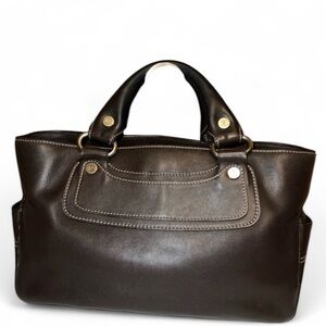 Authentic Celine Boogie Bag chocolate brown leather and contrast white stitching